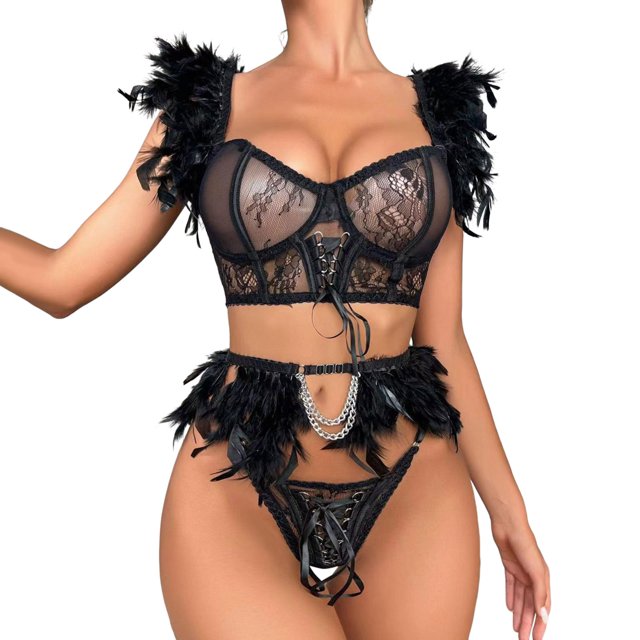 Gibobby Ropa interior mujer sexy Conjunto de ropa interior de encaje para mujer, conjunto de ropa interior y ropa interior de encaje con correa, lencería sexy(Negro, G)