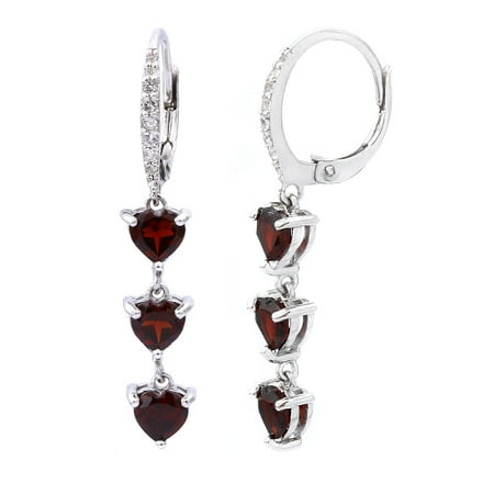 - Sterling Silver Garnet and White Topaz Heart 3-Stone Dangle Earrings