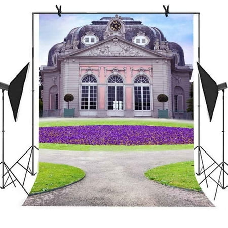 Image of GreenDecor 5x7ft Garden Castle Photography Backdrop Garden Lawn Road Purple Castle European Architecture Background Wedding Photography Studio Props Party Curtain Background