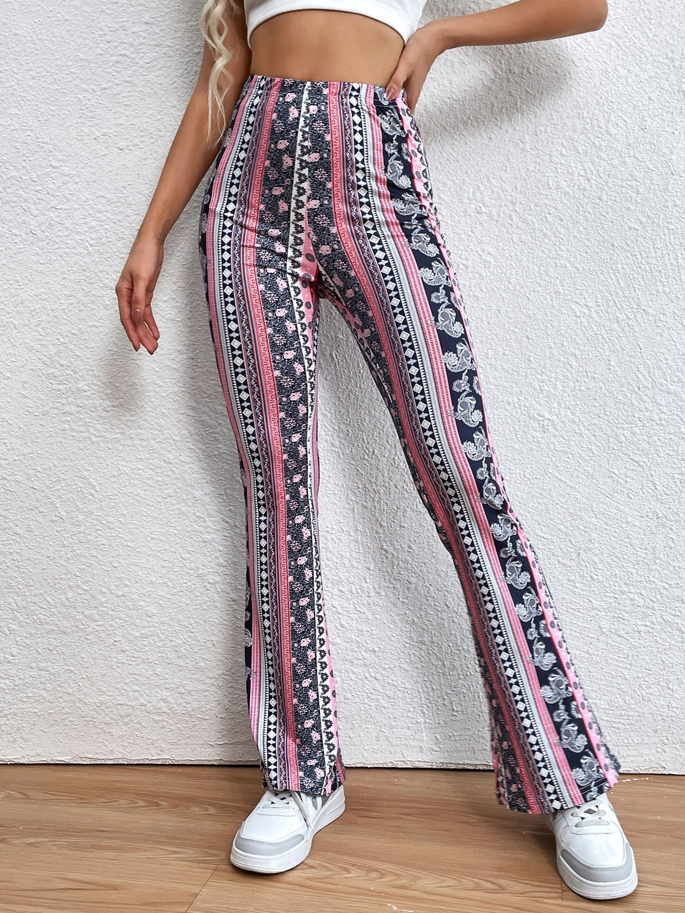 Women's Striped Floral Print Flare Leg 