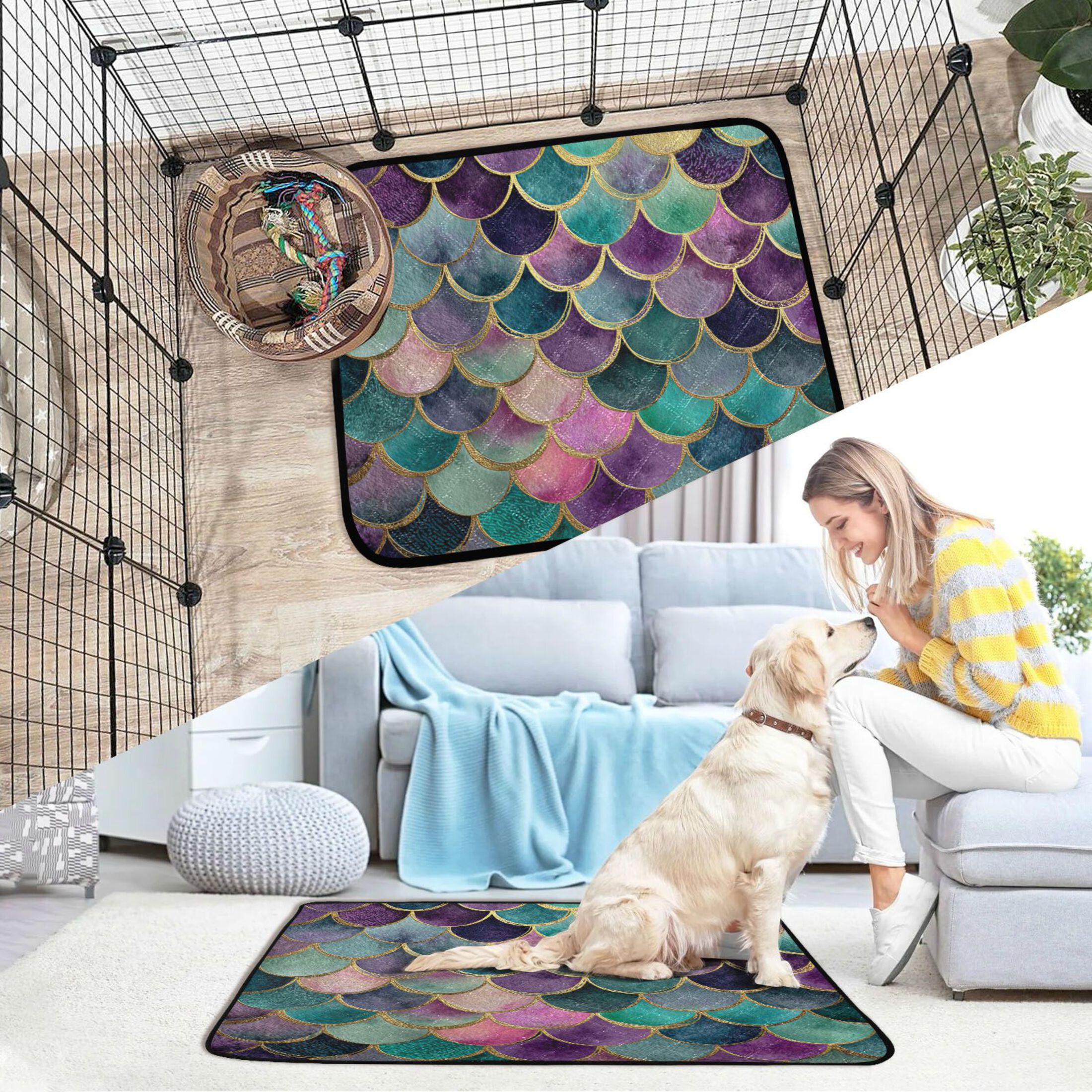 Qxltty Mermaid Scales Cat litter Pads Pet Set of 2 Diaper Mats Center Anti-leakage Layer Absorbent Soft and Comfortable
