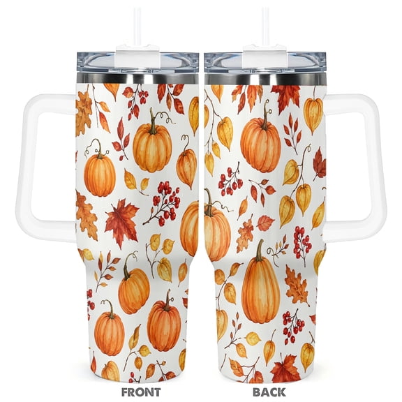 40oz Autumn Pumpkin Travel Tumbler with Handle and Straw Lid Insulated Car Cup Fall Leaves Coffee Cup Thanksgiving Gift