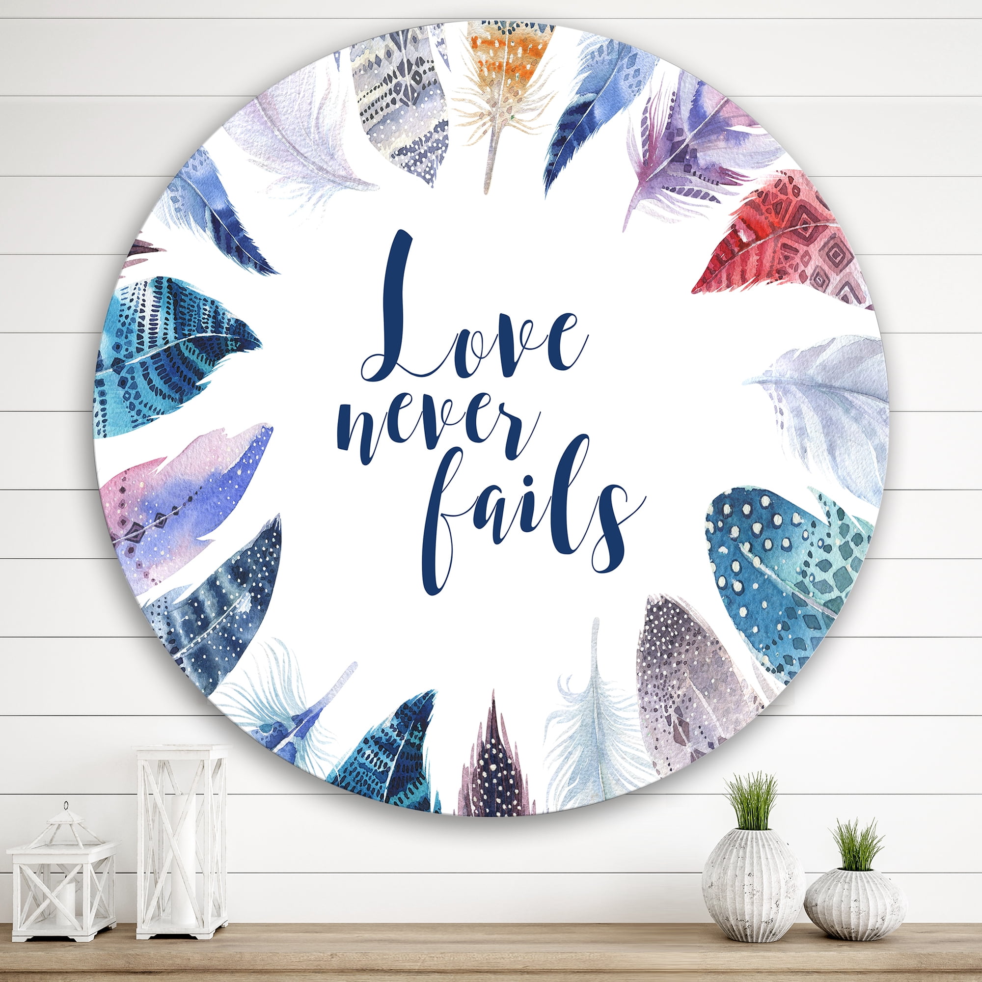 Designart 'Inspiring Quote With Boho Feathers' Bohemian & Eclectic Circle Metal Wall Art 36x36 - Disc of 36