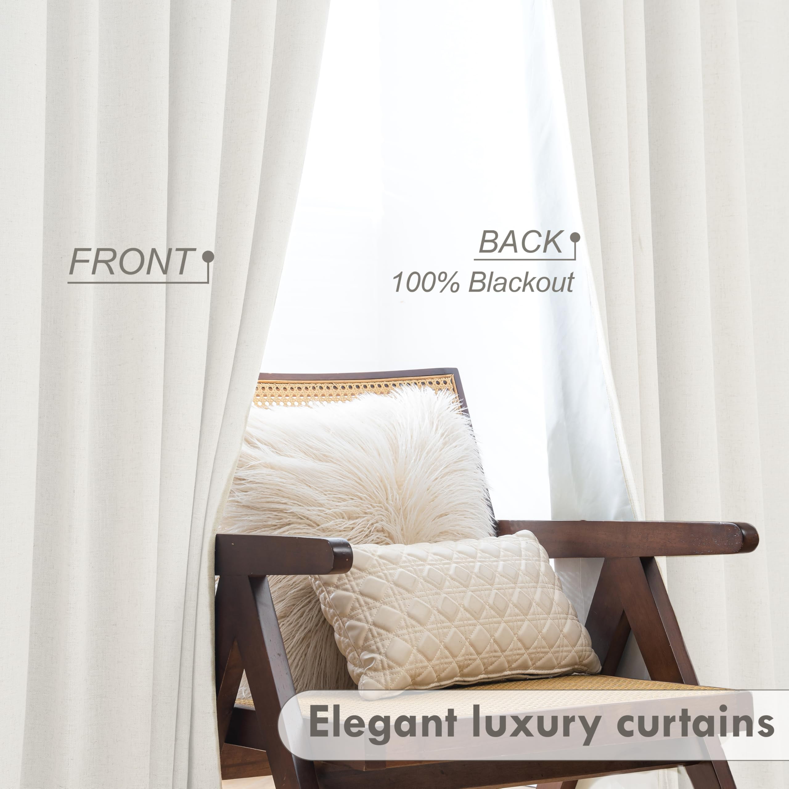 DriftAway 100% Blackout Natural Cream Linen Curtains for Bedroom 90 Inches Long Double Layer Drape Farmhouse Thermal Insulated 3 Inch Rod Pocket Back Tab Full Light Blocking 2 Panels for Living Room