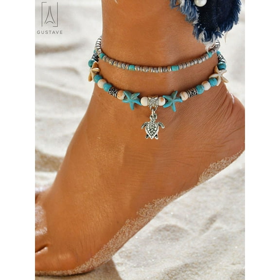 Gustave Starfish & Sea Turtle Ankle Bracelet for Women, Boho Double Layer Anklet Fashion Barefoot Sandal Beach Foot Chain Jewelry Gifts