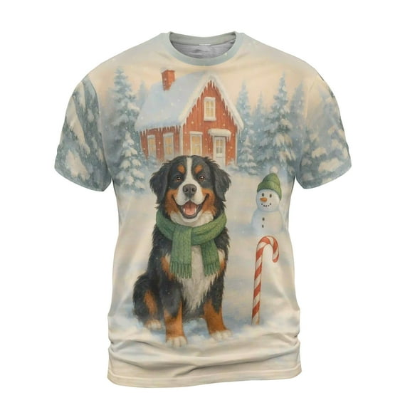 Hello Winter Vintage Bernese Mountain Dog Enjoys Snowy Day with Snowman All Over Print 3D Shirt Unisex Merch Berner Lover Gifts - 12019
