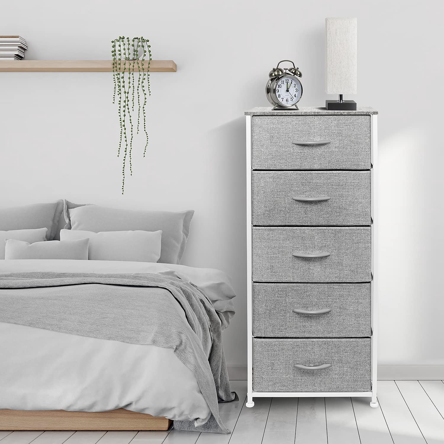 Sorbus Nightstand Dresser with 5 Drawers - Tall Storage Tower Unit Organizer for Bedroom, Hallway, Closet, College Dorm - Chest Drawer for Clothes, Steel Frame, Wood Top, Easy Pull Fabric Bins (Grey)