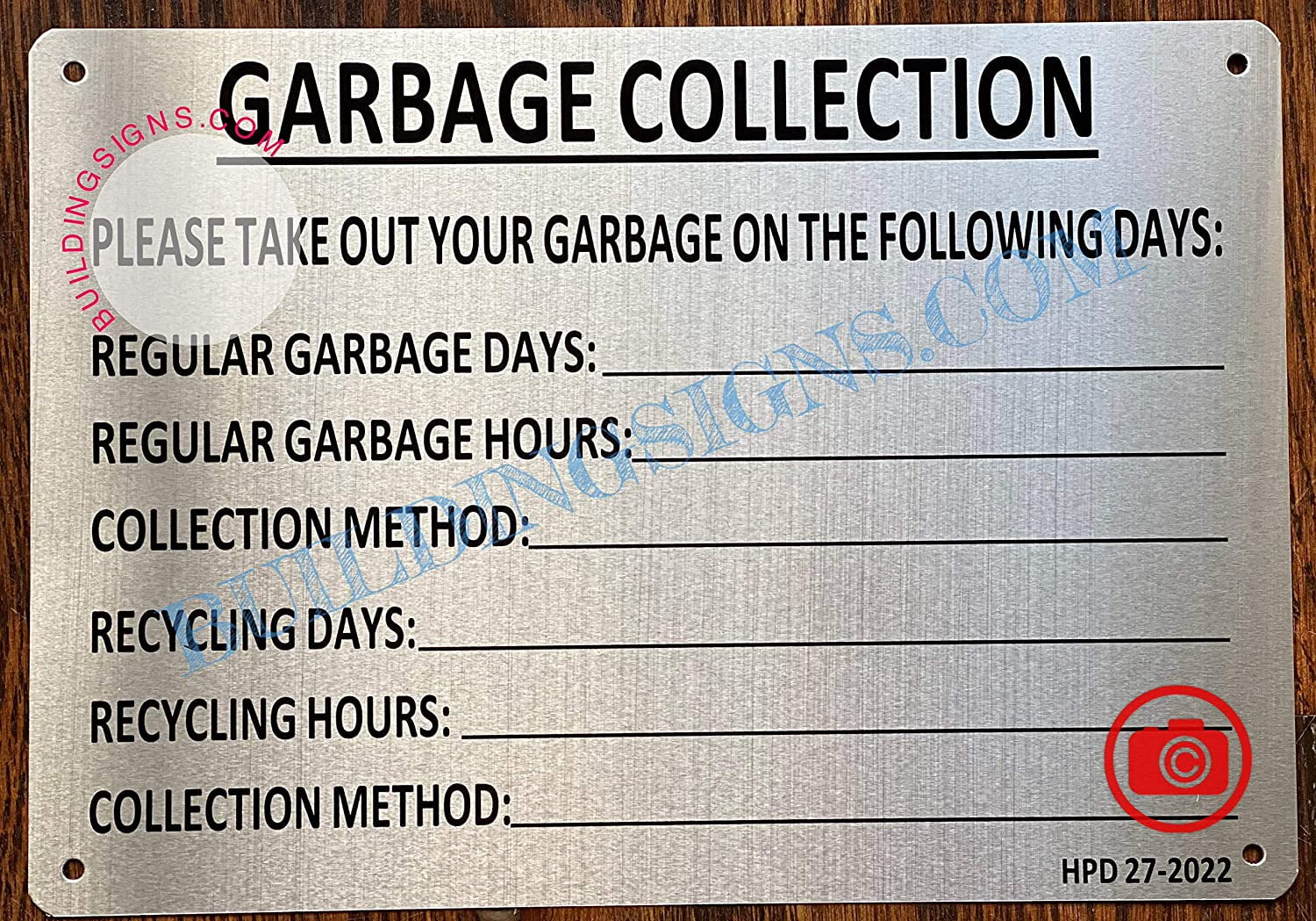 Garbage Collection Dates Sign HPD Sign (Brush Aluminum, Size 7x10