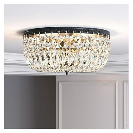 12" Crystal Ceiling Light, 3-Lights Modern Black Flush Mount Light Fixture, French Round Ceiling Chandelier for Bedroom, Bathroom, Entryway, Kitchen, Dining Room, E12 Base