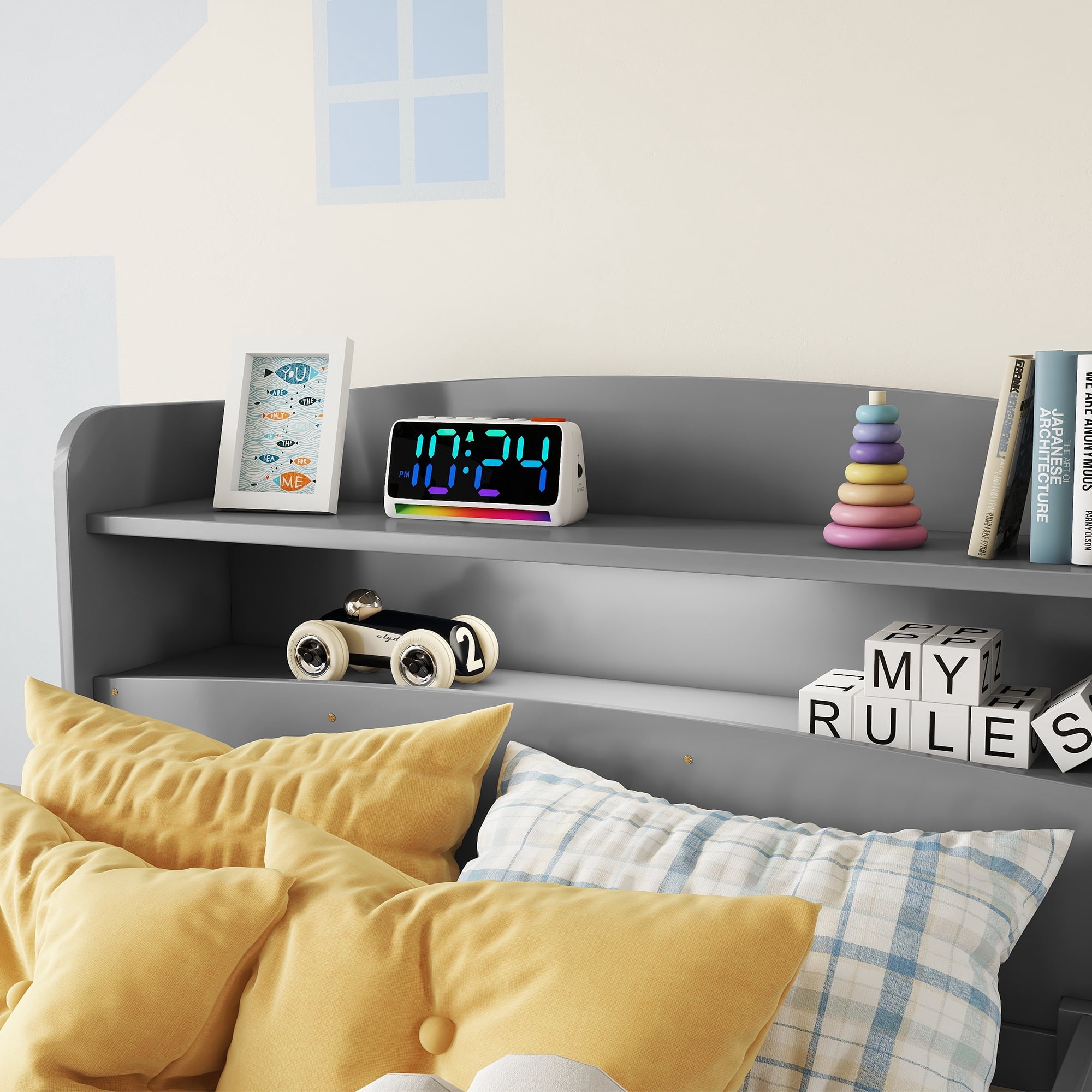 Leumius Twin Pine Wood Bed with Bookcase Headboard, LED Motion Sensor Light, Guardrails for Boys Girls Grey