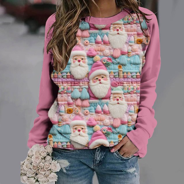 Aqestyerly Haut de Noël pour Femme Blouse à Manches Longues Imprimée de Noël Col Rond Tunique Décontractée