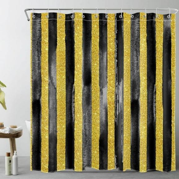 Black and Gold Striped Shower Curtain Decor, Modern Aesthetics Art Geometric Shower Curtain for Bathroom 72X72 inch Polyester Fabric Bathroom Decoration Bath Curtains Hooks Included