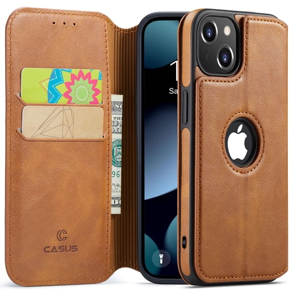 Casus Classic Wallet Case Leather Logo View Card Holder Cover for Apple iPhone 14 - Brown