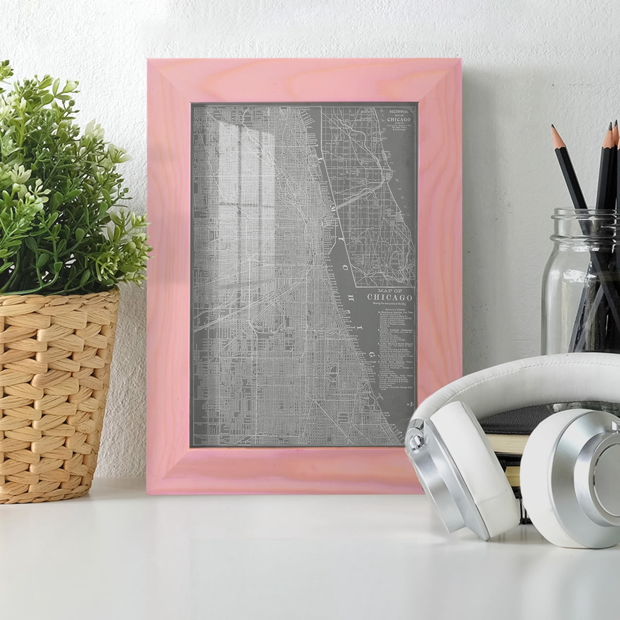 City Map of Chicago -Framed Print w/glass-Sunset Pink