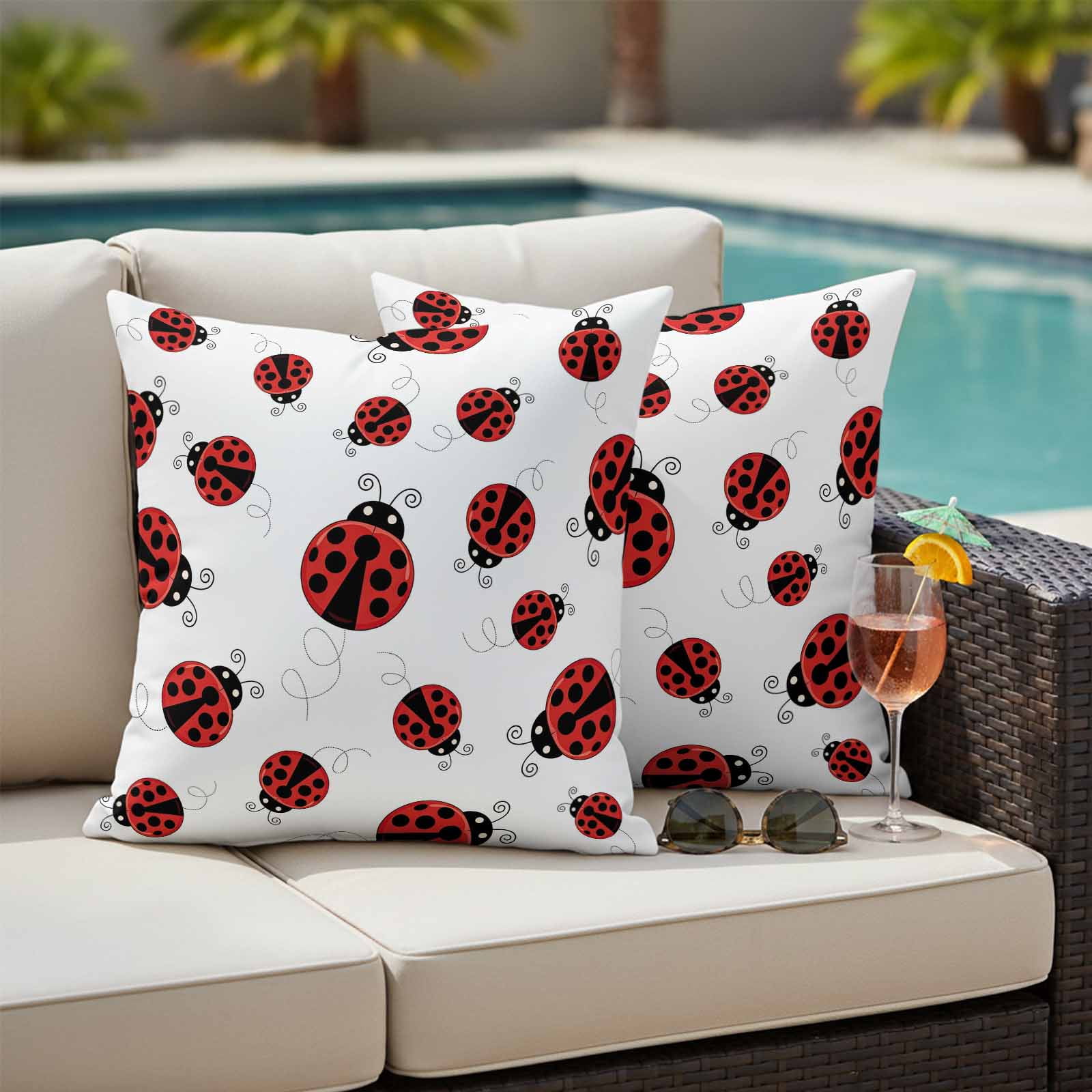 Outdoor Throw Pillows Covers 16x16inx2 Set Of 2 Waterproof Red Ladybug Decorative Zippered Cushion Covers for Patio Furniture, Red Black Polka Dot Lumbar Pillowcases,