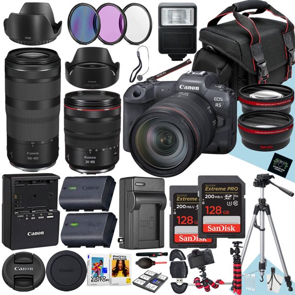 Canon EOS R5 Mirrorless Camera with 24-105mm f/4 L IS USM and RF 100-400mm f/5.6-8 IS USM Lens   2PC 128 GB Memory   Hood   Extra Battery   Filters   Tripod   More (36pc Bundle)