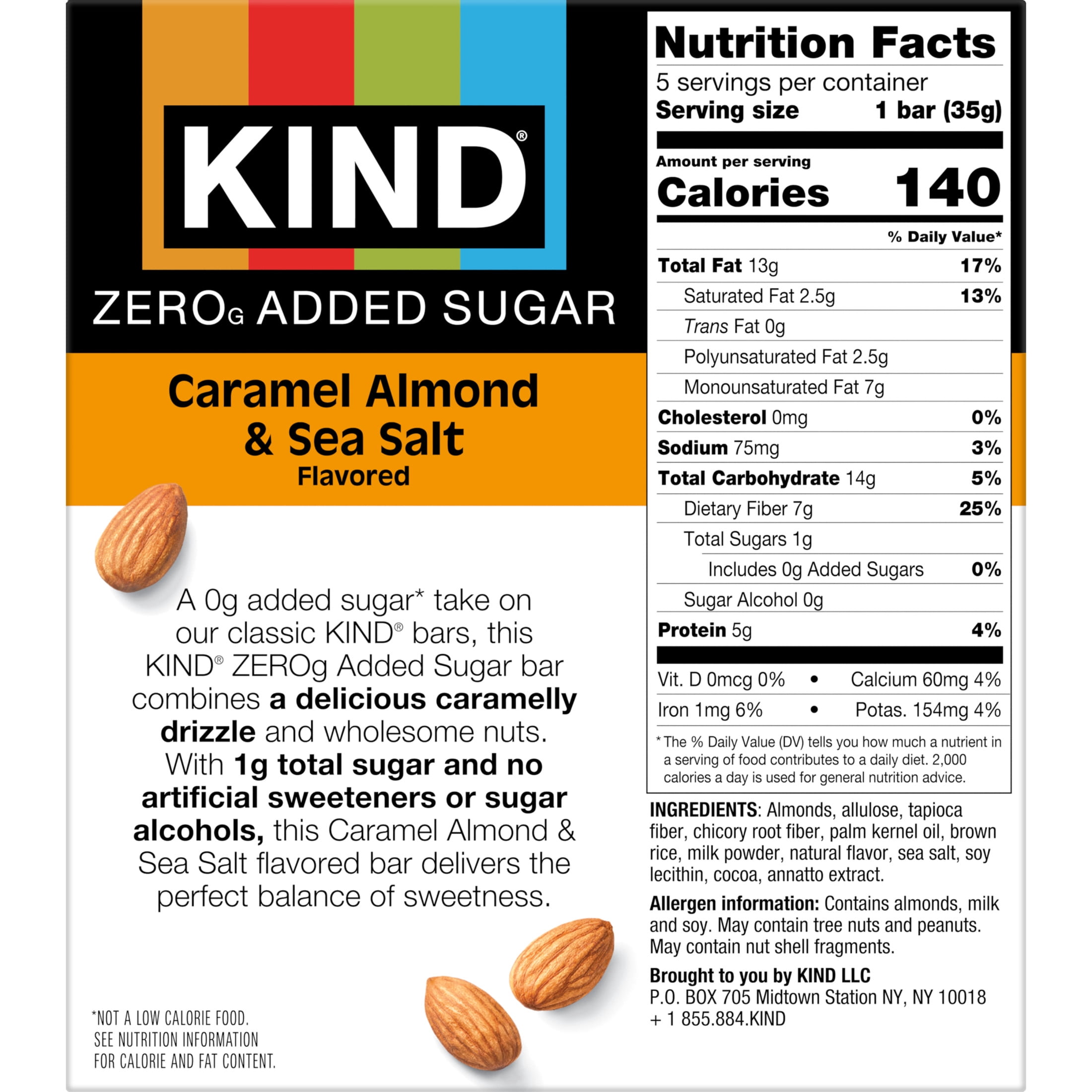 KIND Zero Added Sugar Bars, Caramel Almond & Sea Salt, Gluten Free, High Fiber, 5 Count
