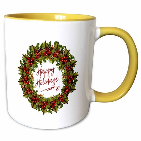 3drose Happy Holidays- Holly Wreath with Red Text on White Background 15oz Two-tone Yellow Mug
