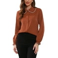 thumbnail image 1 of Camisa de trabajo de botón con cuello Peter Pan y volantes de Allegra K para mujer, tamaño XS, color rojo ladrillo, 1 of 6
