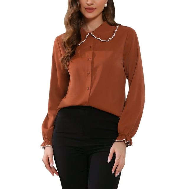 Camisa de trabajo de botón con cuello Peter Pan y volantes de Allegra K para mujer, tamaño XS, color rojo ladrillo