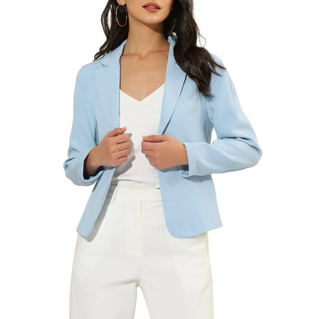 INSPIRE CHIC Women's Blazer Open Front Wear-to-Work Summer Crop Suit Jacket M Sky Blue-Solid
