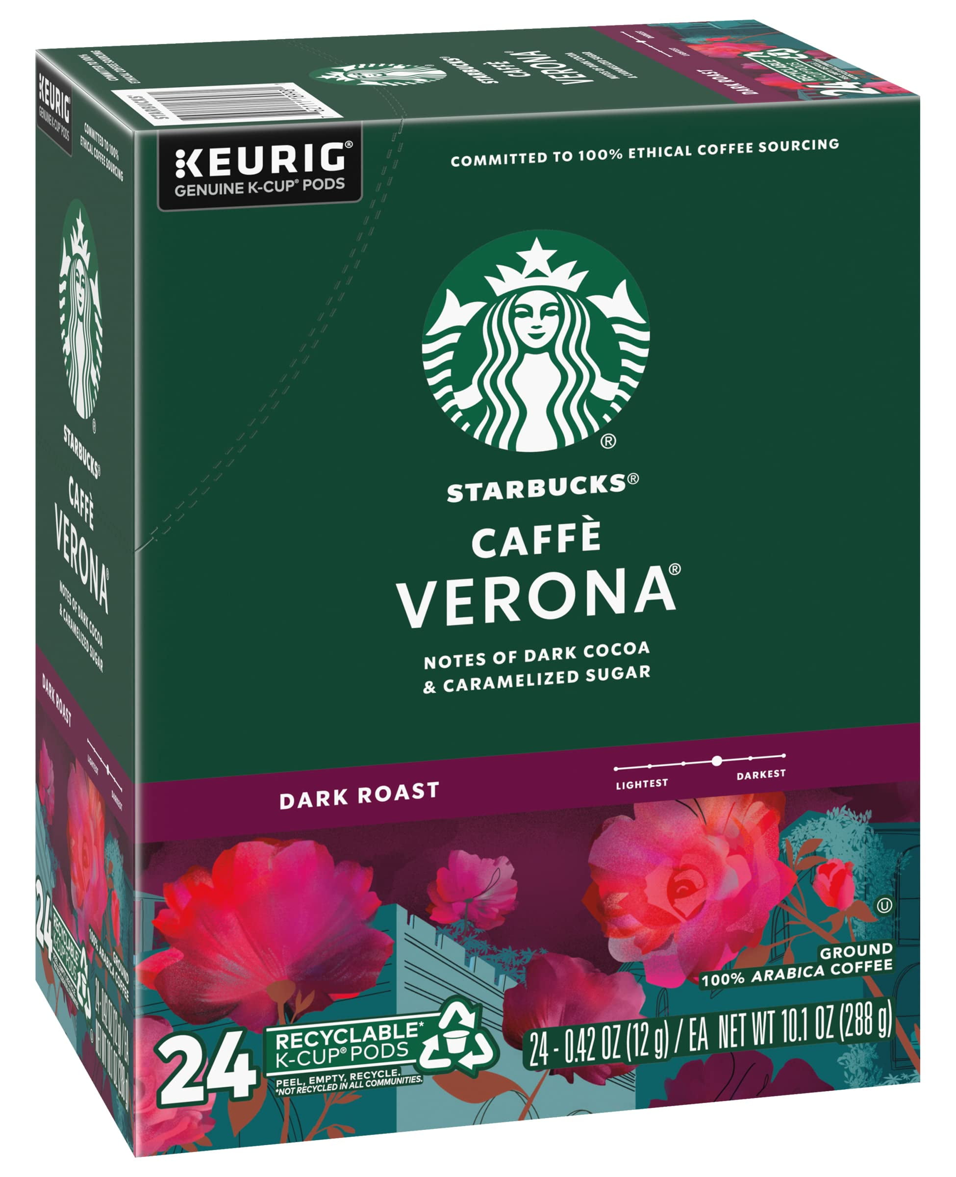 Starbucks Coffee K-Cup Pods, Caffè Verona, Dark Roast Coffee, Notes Of Dark Cocoa & Caramelized Sugar, Keurig Genuine K-Cup Pods, 24 Count K-Cups (Pack Of 2)