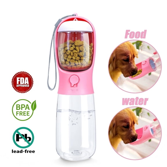 19oz Dog Water Bottle with Food Container, Travel Puppy Water Bowl, Portable Pet Dispenser, Dog Stuff Accessories Items, Automatic Feeder Feeding, Puppy Essentials Necessities - Pink