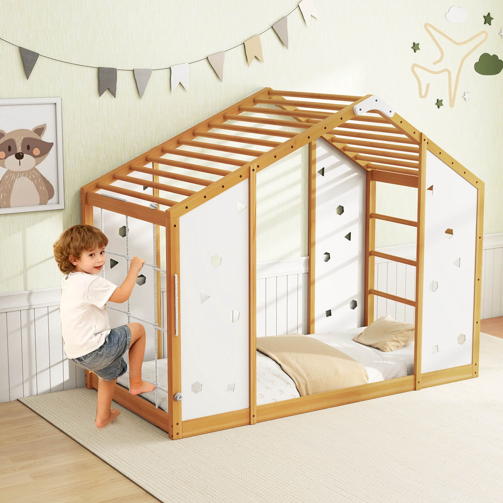 Costway Twin Size Climbing Bed, 2-in-1 Montessori Floor Bed with Monkey Bars for Boys Girls