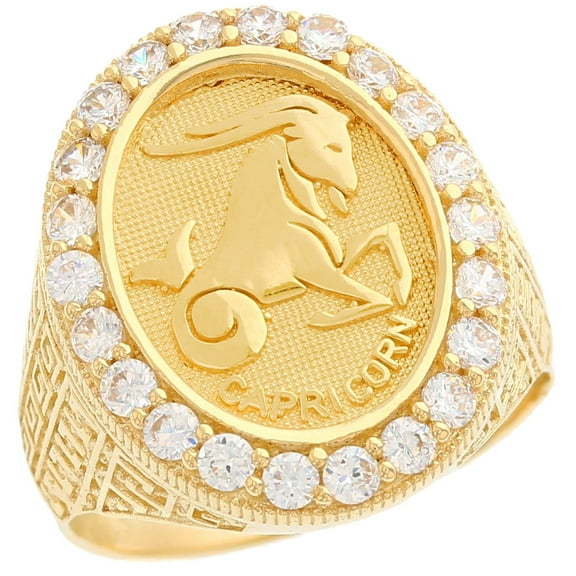 JackAni 14k Yellow Gold Zodiac Capricorn Oval Halo White CZ Men's Heavy Ring