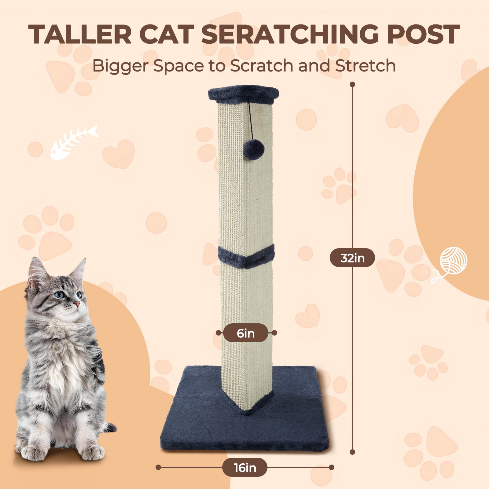 32" Tall Natural Sisal Cat Scratching Post for Indoor Sturdy Cat Scratcher with Plush Large Base, Green