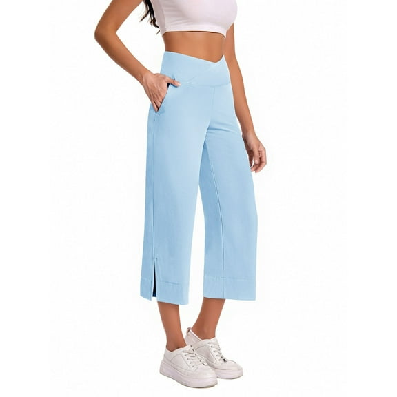 ZHYou Pants for Womens,High Waisted,Cropped,Wide Leg,Baggy Trousers with Side Slits,Light Blue,Size 2XL