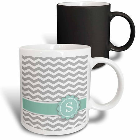 

3dRose Letter S monogrammed on grey and white chevron with mint - gray zigzags - personal initial zig zags Magic Transforming Mug 11oz