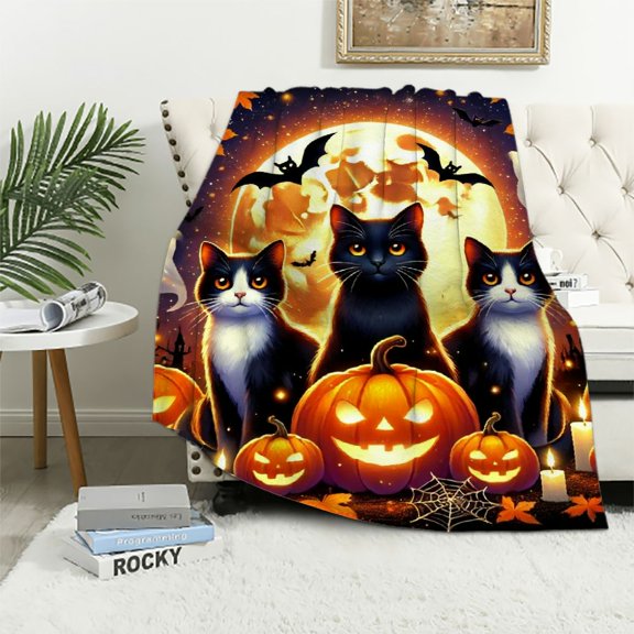 Witchy Cats Halloween Flannel Blanket: Pumpkins & Bats