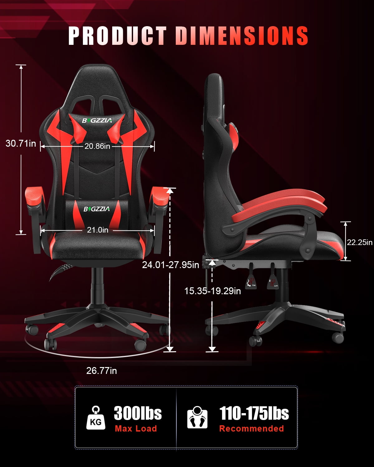 Bigzzia Gaming Chair with LED Lights, Computer Chair with Lumbar Support, Ergonomic High Back Video Game Chair with Swivel Seat and Headrest, Red