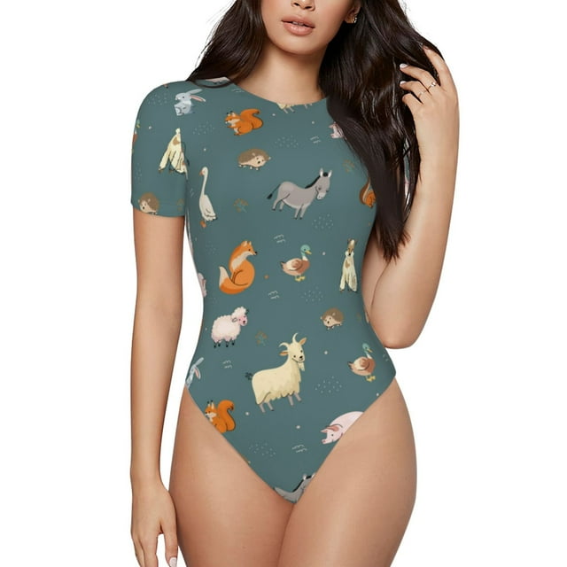 Balery Farm Animal Pattern Women's Short Sleevee Crew Neck Bodysuit Tops Short Sleeve Tops Basic-X-Large
