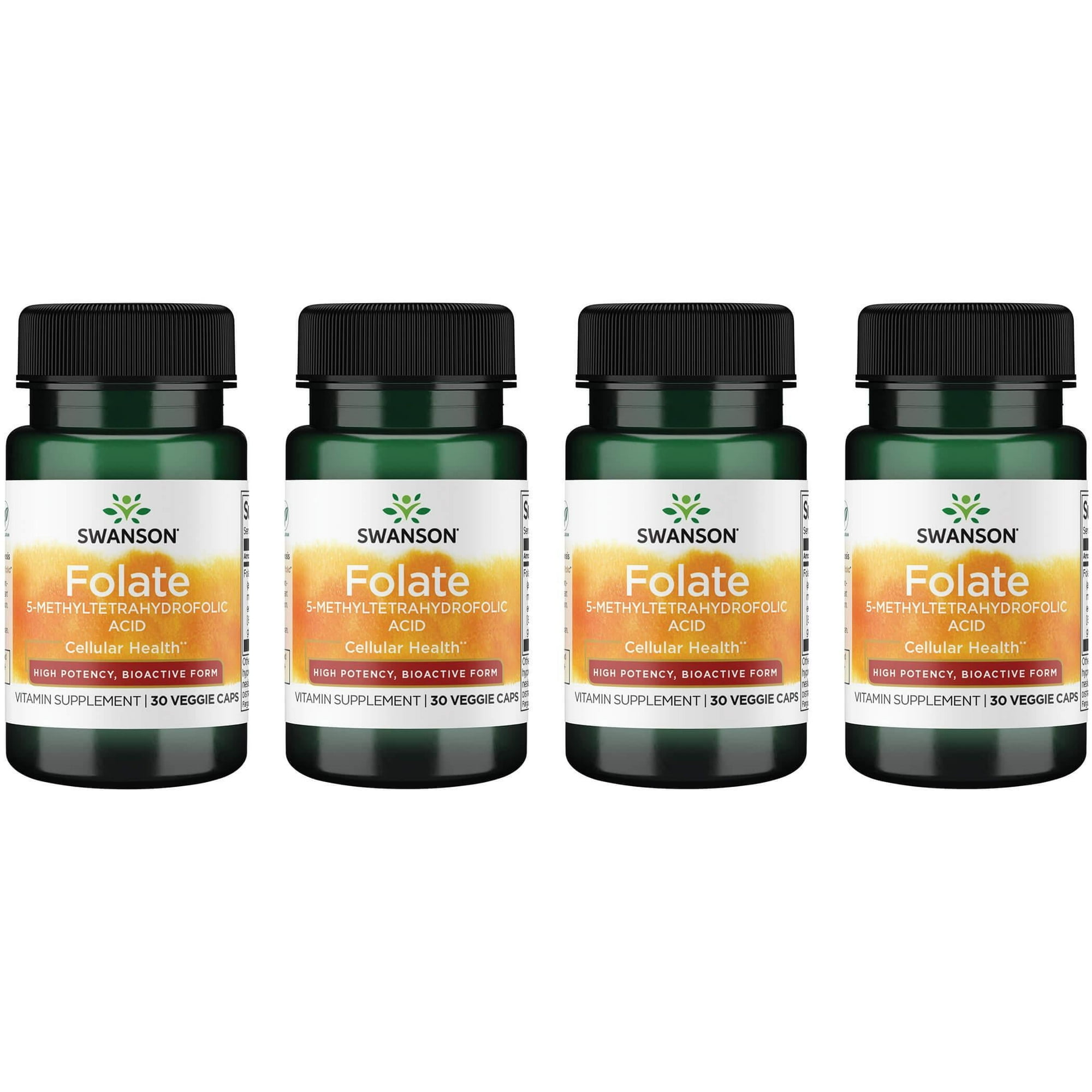 Swanson Folate 5-Methyltetrahydrofolic Acid - High Potency, Bioactive Form 800 mcg Dfe 30 Veg Caps 4 Pack