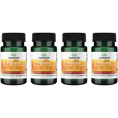 Swanson Folate 5-Methyltetrahydrofolic Acid - High Potency, Bioactive Form 800 mcg Dfe 30 Veg Caps 4 Pack