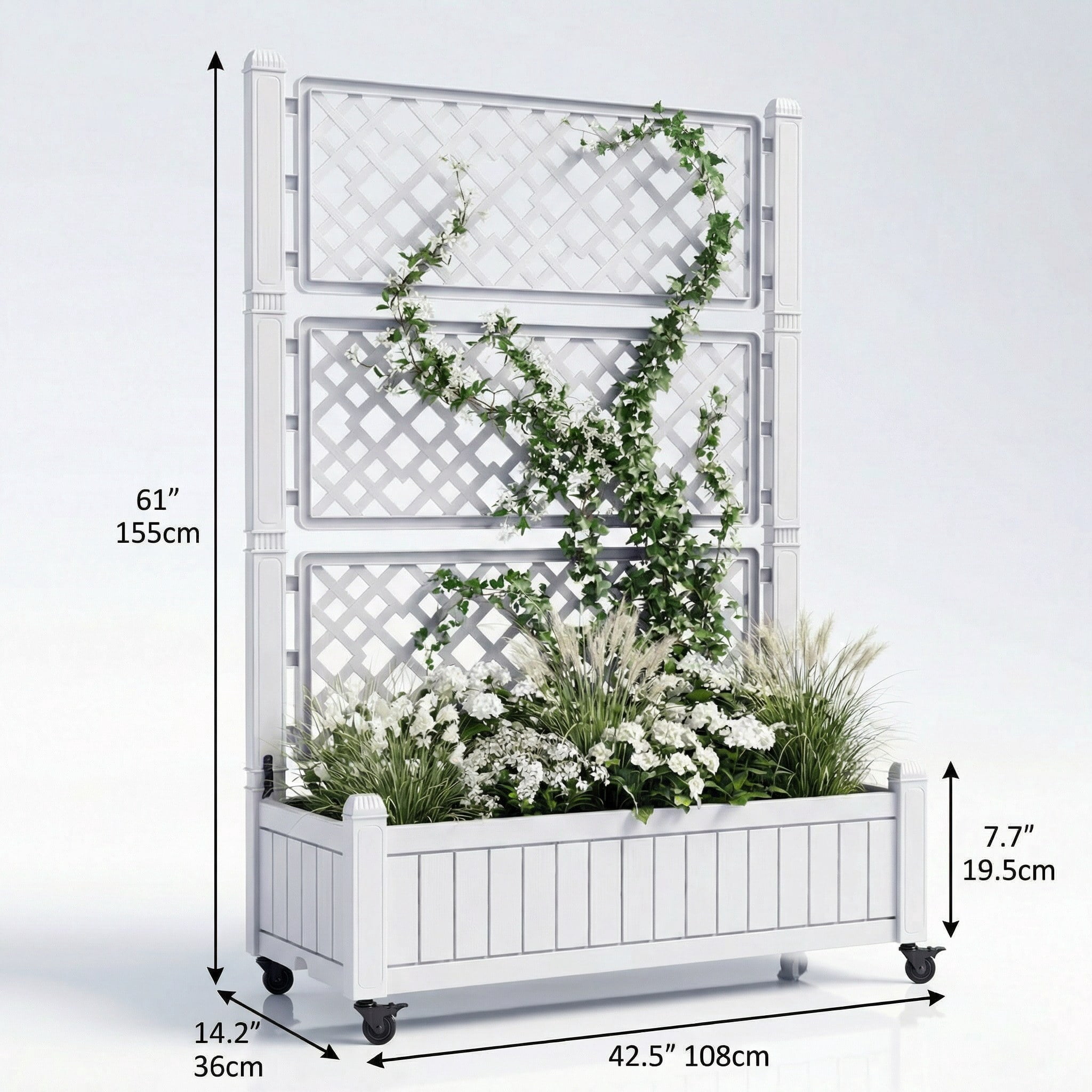 Uforic Outdoor 42.5x14.2x61 in Privacy Screen & Planter Box with Trellis, Raised Garden Bed with Wheels & Drain Plug, All-Weather White Planter for Climbing Plants, Flowers, Herbs