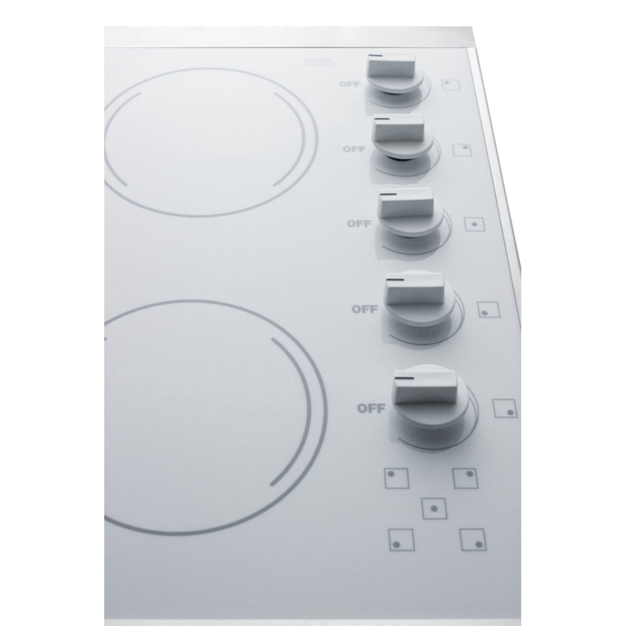 27" wide 5-burner radiant cooktop made in the USA in smooth white ceramic glass finish and oversized SS trim