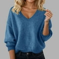 thumbnail image 2 of Fall Womens Sweater Solid Long Sleeve V Neck Fuzzy Knitted Casual Jumper Top Dark Blue, 2 of 4