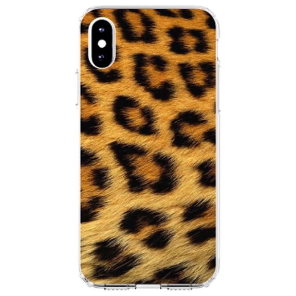 DistinctInk Clear Shockproof Hybrid Case for iPhone X / XS (5.8" Screen) - TPU Bumper, Acrylic Back, Tempered Glass Screen Protector - Brown Black Leopard Fur Skin Print