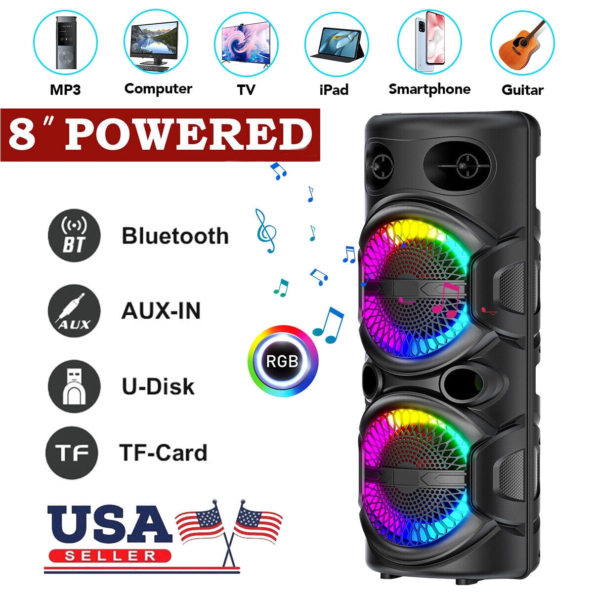 Lohoms Dual 8" Portable Bluetooth Speaker, Wireless Party PA Sound System Subwoofer Heavy Bass With Microphone Remote LED TWS FM