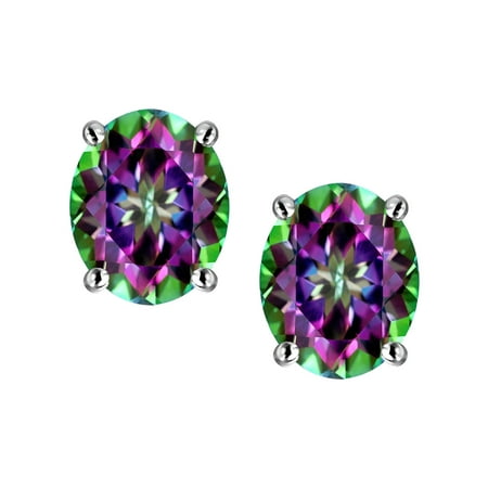Rainbow Aura Quartz - Star K Oval 8x6mm Mystic Rainbow Quartz Earrings Studs in Sterling Silver