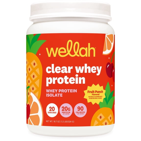 Wellah Clear Whey Protein Isolate Powder (Fruit Punch) 20 Servings - 20g of Protein, 90 Calories, Sweetened with Stevia