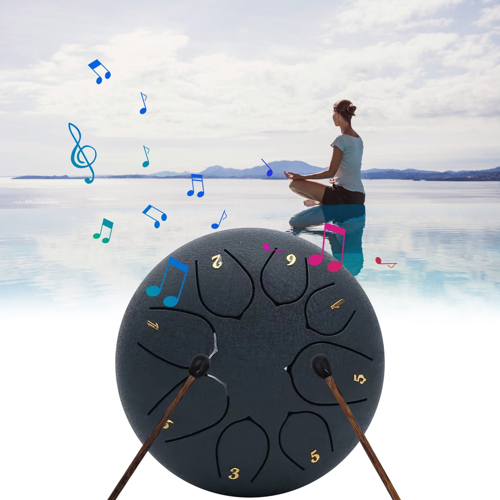 Qocolhg Outdoor Rain Drum, 8 Notes 6 Inch Steel Hand Drum with Bag, Music Book, Drumsticks, Mallet Holder and Finger Picks, Tongue Drum for Camping, Meditation or Yoga, Christmas Gifts for Women