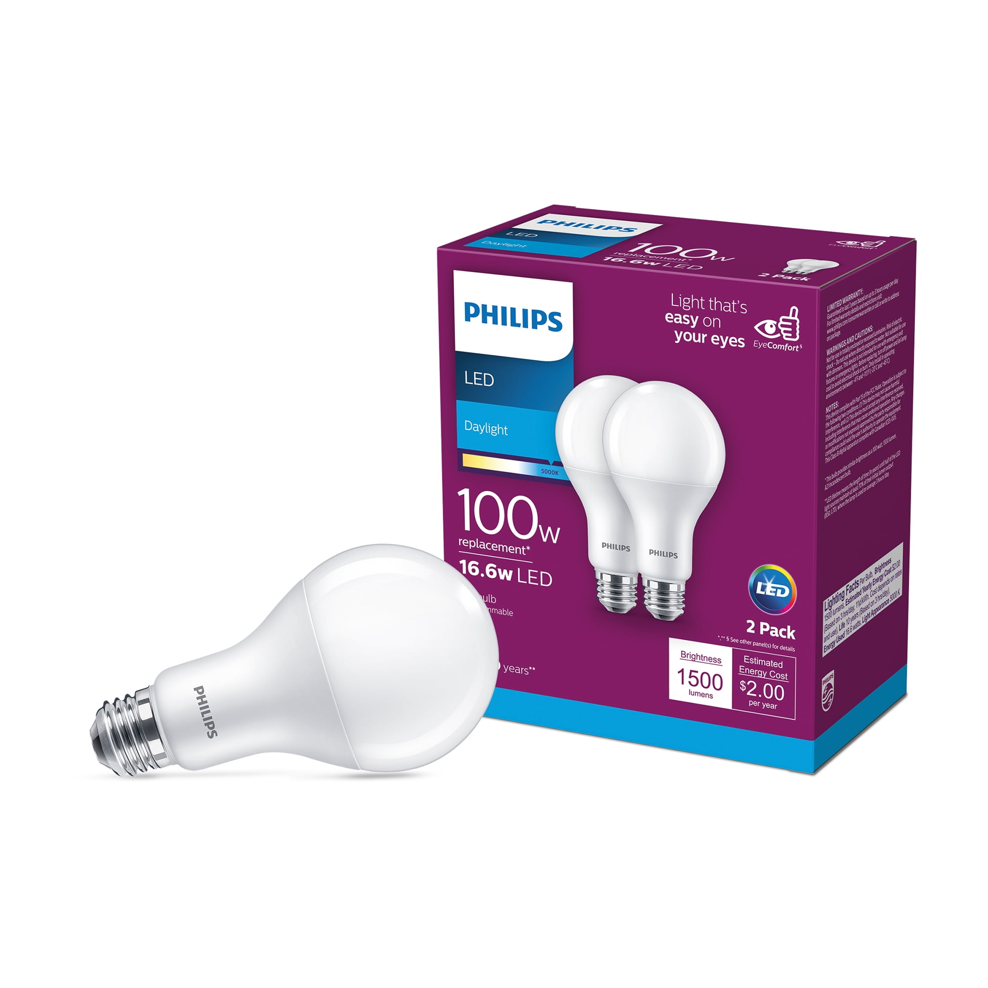 Lelie beddengoed Medaille Philips LED 100-Watt A21 General Purpose Light Bulb, Frosted Daylight,  Non-Dimmable, E26 Medium Base (2-Pack) - Walmart.com