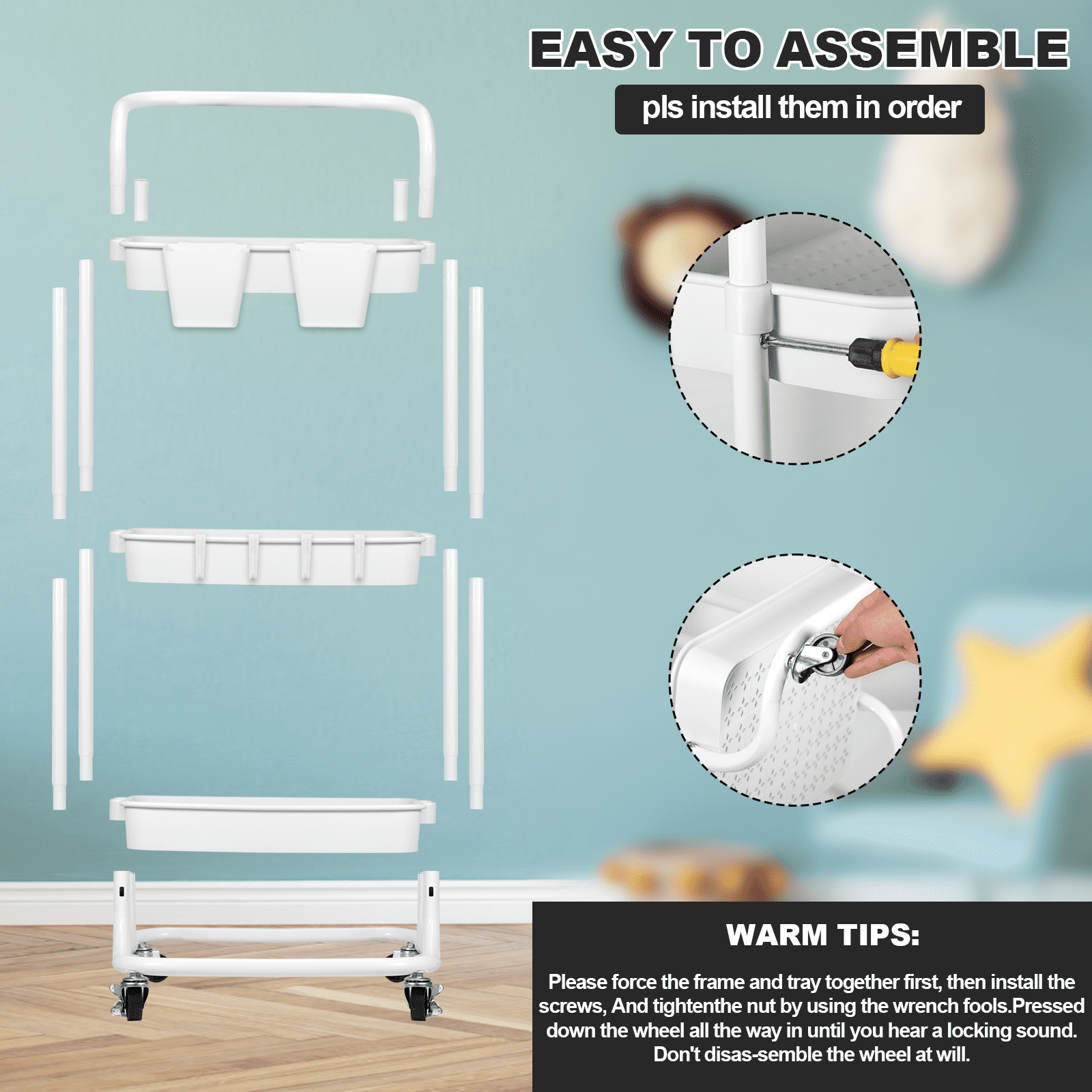 Baby Diaper Caddy Cart Metal Nursery Storage Organizer 3-Tier Rolling Cart Organizer for Diapers and Baby Wipes Newborn Essentials Storage Cart (White)