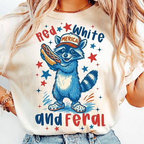 Preppy Red White and Feral T-Shirt, Funny Raccoon USA Graphic Tee, Hotdog Raccoon 4th of July Shirt, Patriotic 'Merica Independence Day Top