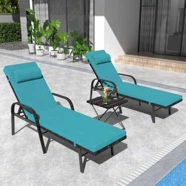 Kullavik Patio Chaise Lounge Sets Outdoor Armchair Recliner Rattan Adjustable Back 3 Pieces Cushioned Patio Folding Chaise Lounge with Folding Table - Blue