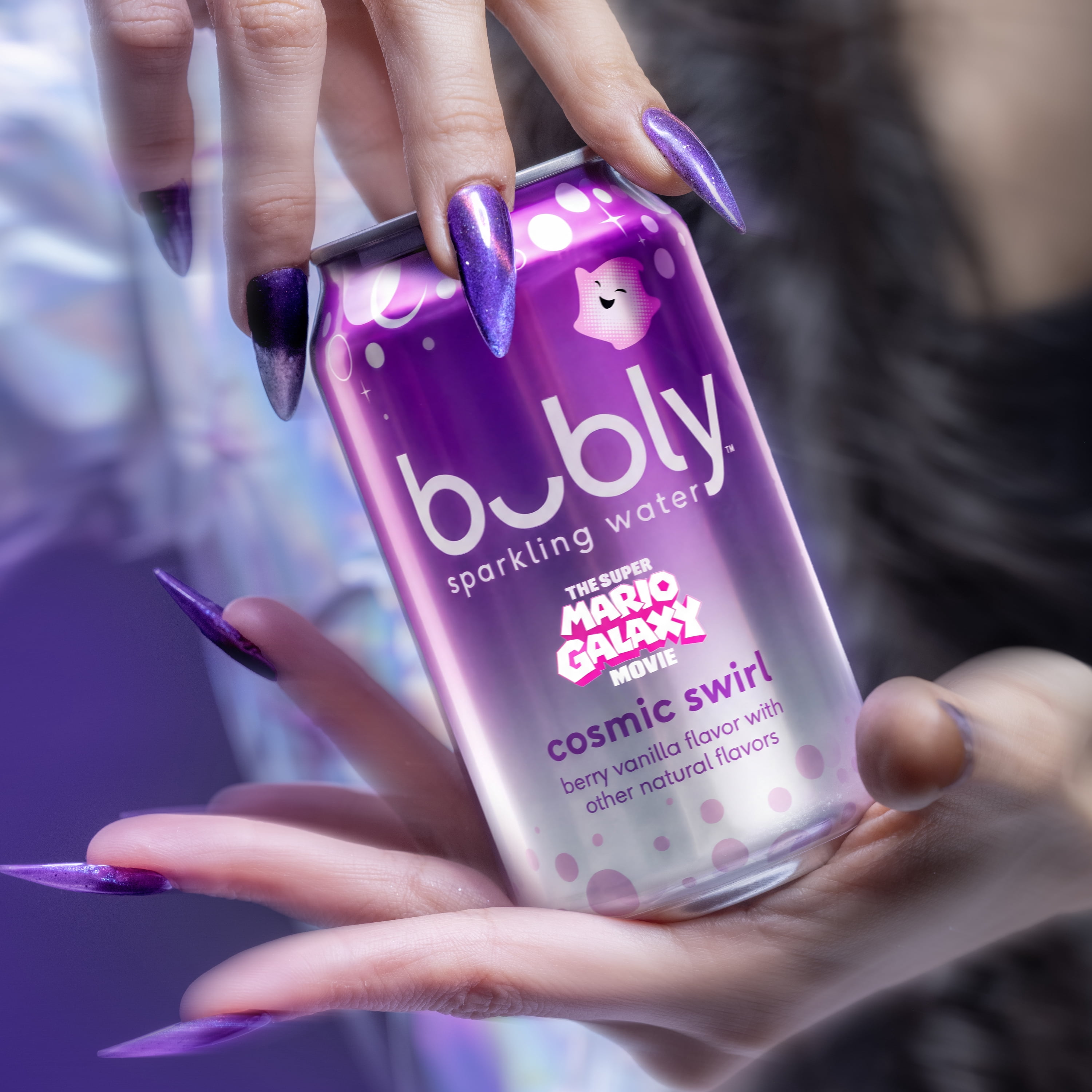 bubly Sparkling Water, The Super Mario Galaxy Movie Cosmic Swirl, Zero Sugar & Zero Calories, 12 fl oz Cans (8 pack)​